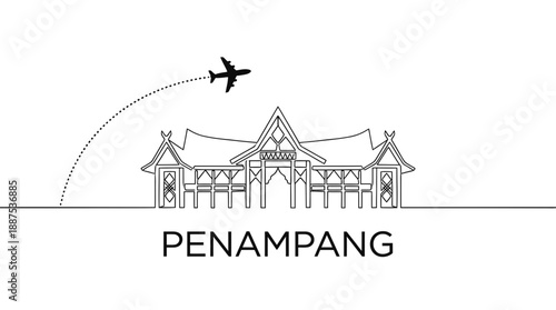 Penampang city landmark with airplane travel minimalist vector illustration
