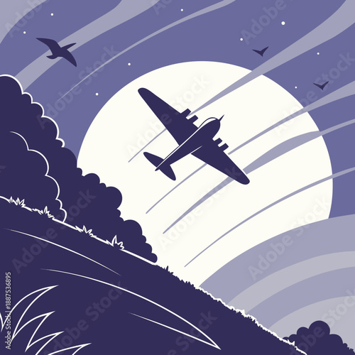 Fotografi Vintage aircraft flying over hills at sunset