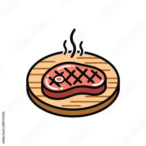 Stylized hot grilled steak on a wooden serving board, a delicious meal icon vector