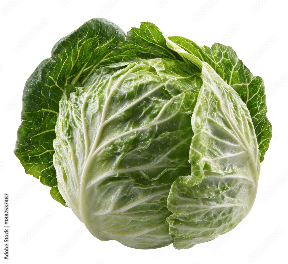 Fototapeta premium Fresh Green Cabbage Head with Water Droplets, Studio Shot Isolated on Transparent Background