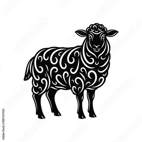 Stylized Black Sheep Silhouette with Ornate Swirls.