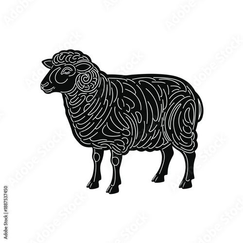 Stylized Black Sheep Illustration with Intricate Swirl Patterns.