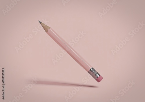 Single pink pencil with eraser on pink background