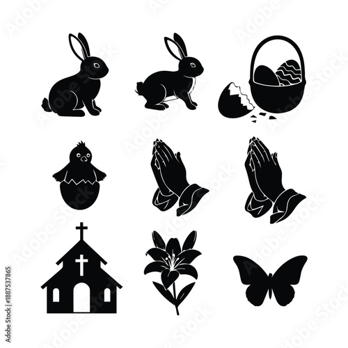 Christian Easter Cross with Floral Accents Black Vector Silhouette Symbol of Faith