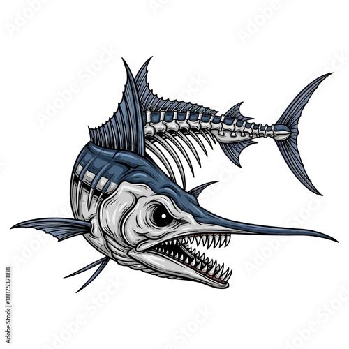 skeleton marlin fish mascot with sharp teeth and blue fins on white background