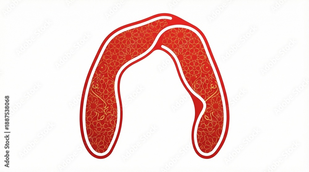 Obraz premium Luxurious golden geometric arch frame featuring traditional red Islamic patterns elegant design element for Ramadan Kareem Eid Al Fitr backgrounds and religious celebration greetings
