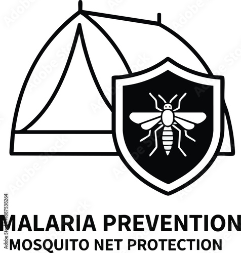 A black and white logo for malaria prevention with mosquito net protection on transparent background