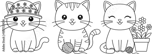 Set of Cute Kawaii Kitten Vector Illustrations with Ball of Yarn and Flowers for Kids Coloring Pages Nursery Decor and Playful Childrens Graphic Designs