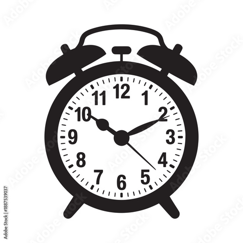 A black silhouette of a classic alarm clock displaying approximately 4 50