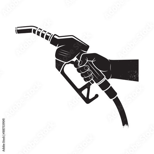 A black and white illustration of a hand holding a gas pump nozzle