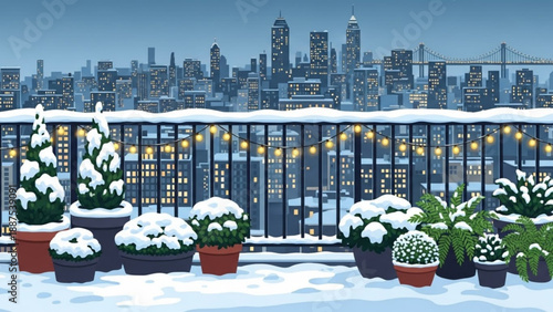Pixel art cityscape with snow-covered potted plants and string lights on a balcony winter urban scene for holiday or seasonal design