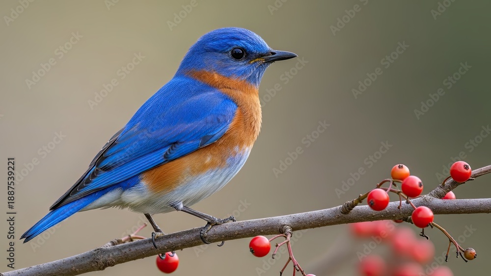 Obraz premium Blue bird perched on branch with berries
