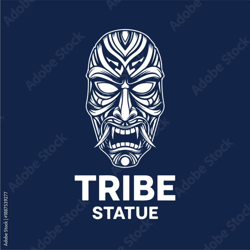 Tribal Mask Statue with Intricate Designs and Fierce Expression.