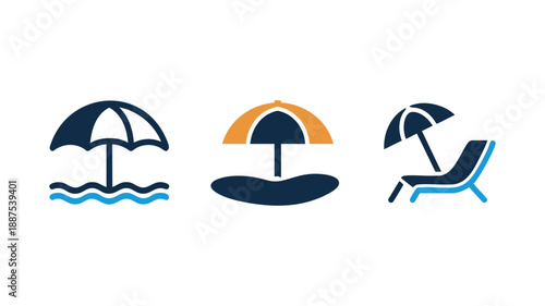 Minimalist beach icons set with umbrellas and lounge chair