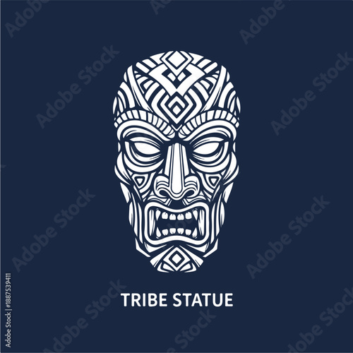 Tribal Mask Statue with Intricate Patterns on Dark Blue Background.