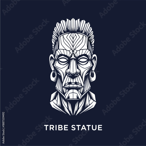 Tribal Warrior Head Sculpture with Intricate Geometric Patterns.