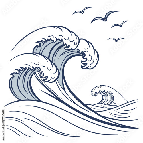 Powerful ocean waves with seagulls