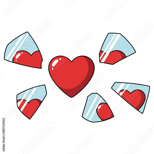 Illustration of a broken heart symbol surrounded by shattered glass fragments, representing heartbreak, sorrow, and emotional pain
