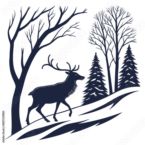 Winter deer in snowy forest