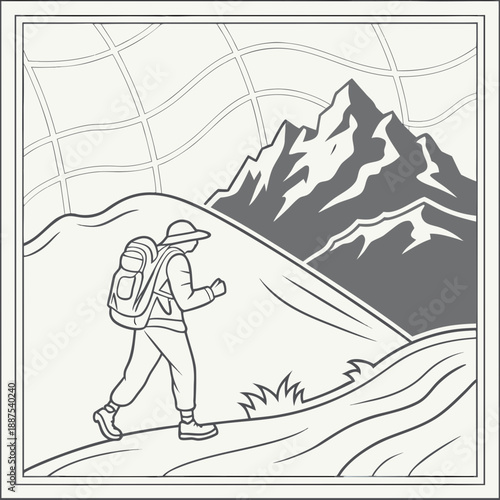 Hiker approaching snowy mountain