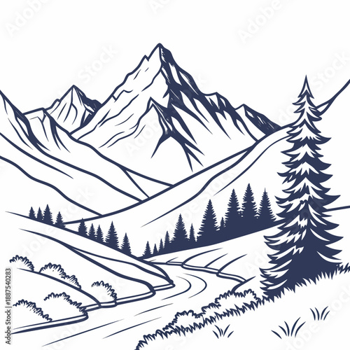 Mountain landscape with river and pine trees