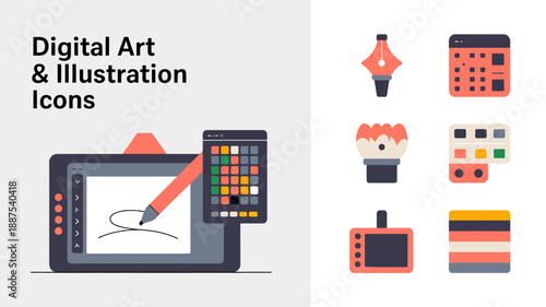 a collection of digital art and illustration icons featuring a tablet pen color palette and other creative tools in flat design style high quality professional detailed
