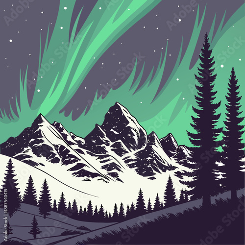 Northern lights over snowy mountains