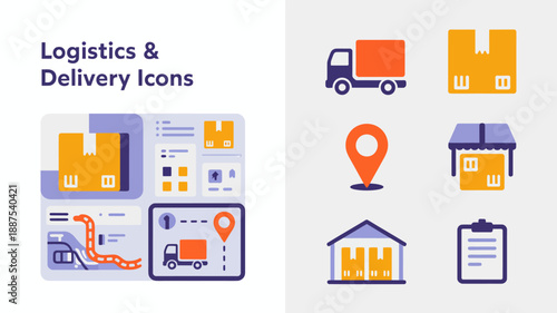 a collection of logistics and delivery icons depicted in a flat modern style showcasing boxes trucks maps and buildings for transportation high quality professional detailed elegant