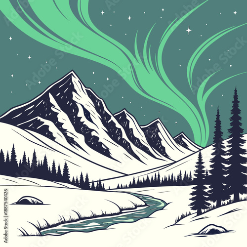 Northern lights over snowy mountains