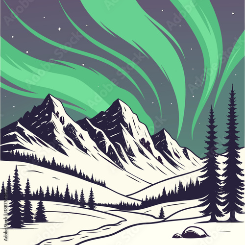 Northern lights over snowy mountains