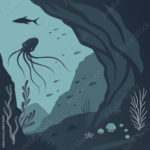 Underwater cave with octopus and fish