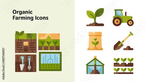 a colorful collection of flat design icons depicts various aspects of organic farming including plants tractors tools and farm buildings high quality professional detailed modern elegant