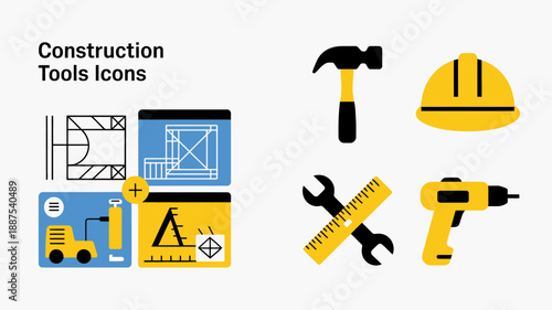 a collection of construction tools and equipment visualized through colorful icons including blueprints a hammer and a hard hat for safety high quality professional detailed modern