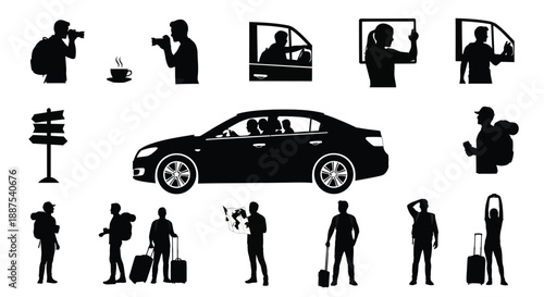 Traveling people and car silhouette