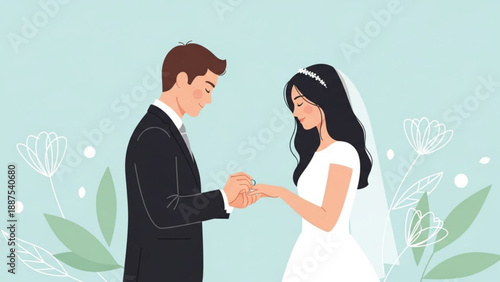 Groom placing ring on brides finger wedding ceremony illustration romantic couple in formal attire with floral accents celebrating love and 