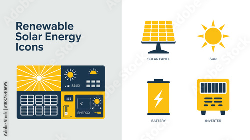 a colorful graphic displays various icons representing renewable solar energy including solar panels the sun batteries and an inverter high quality professional detailed modern elegant stylish