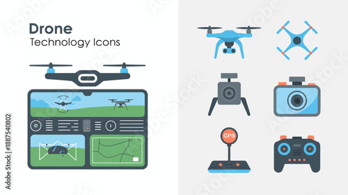 a collection of drone technology icons featuring various drone designs remote controls and a screen displaying drone footage high quality professional detailed modern elegant stylish clean