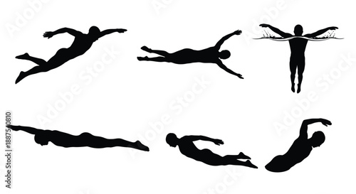 Diver silhouettes in various poses against white background