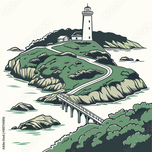 Illustrated lighthouse on a rocky island
