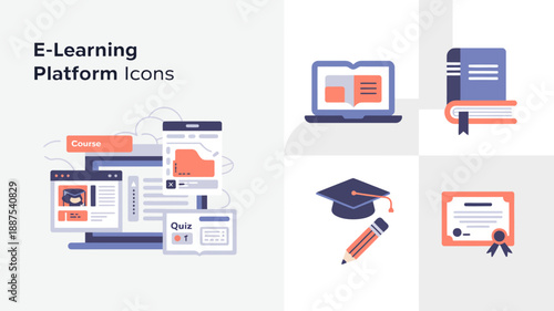 this image showcases various icons representing elements of an e learning platform including laptops books mobile devices graduation caps and certificates high quality professional detailed modern