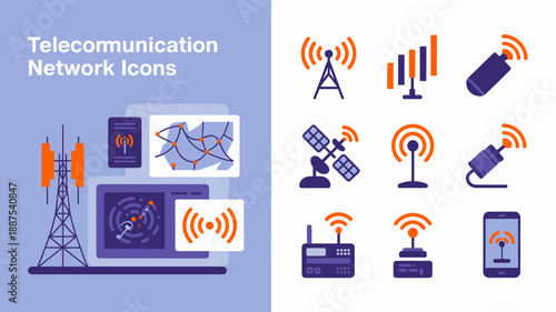 a curated collection of telecommunication network icons depicting cellular towers mobile phones routers and signal strength indicators in a modern style high quality professional detailed elegant