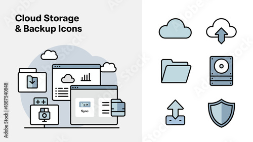 depicting cloud storage and backup icons this image showcases a laptop hard drive server and shield illustrating data protection and security solutions high quality professional detailed