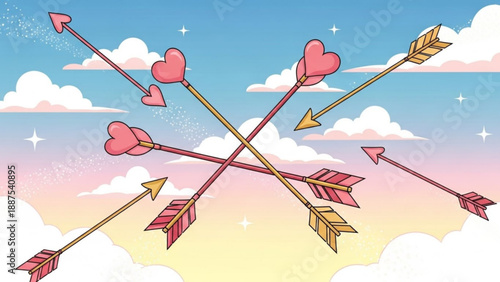 Cupids arrows with heart tips crossing in a pastel sky symbolizing love and romance perfect for Valentines Day or relationship themes