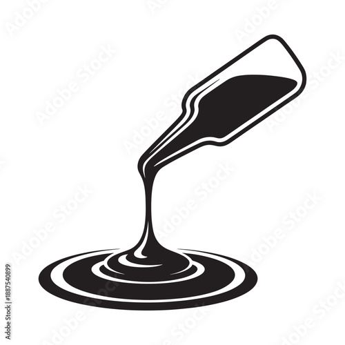 A tilted bottle pouring a dark liquid creating a spreading pool