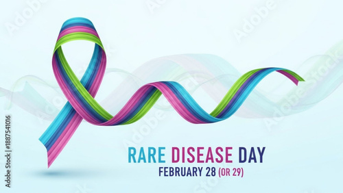 Colorful ribbon for Rare Disease Day awareness symbol for medical support and health campaigns isolated on light blue background