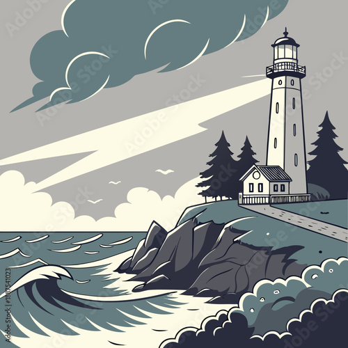 Stormy seas and lighthouse