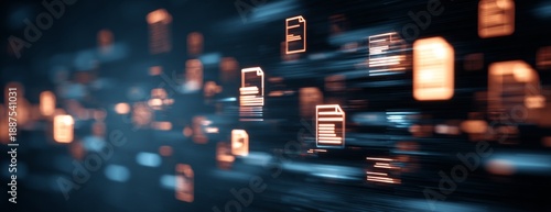 Digital document icons floating on dark background in motion effect  