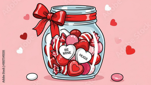 Jar of Valentines Day candies heart shapes and love messages perfect for romantic greetings and sweet gifts isolated on pink background