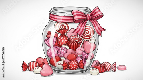 Glass jar filled with assorted red and pink candies tied with a ribbon bow perfect for Valentines Day or sweet treat concepts
