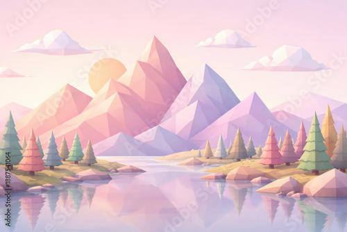 Pastel mountain low poly landscape sunrise calm lake pine tree reflection serene nature digital art